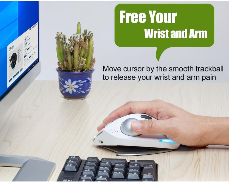 ZELOTES Trackball Mouse,Rechargeable Wireless Bluetooth Mouse,4800 DPI (5-Level Adjustable), Dual Mode (BT 5.0/3.0 + 2.4G USB Receiver),LED Lighting,Ergonomic Design,for Laptop, PC, Pad (White) - Image 3